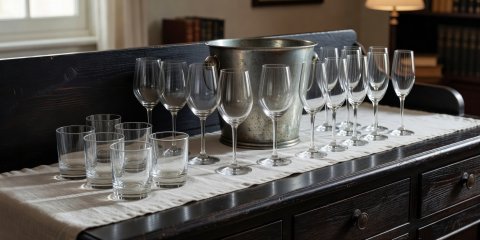Close-up of a dark wood credenza set with a pewter ice bucket, linen runner, and staggered glassware rows
