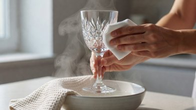 Hands polishing a crystal goblet over a bowl of steaming water with a waffle-weave linen towel