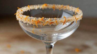 Close-up of a coupe glass rim dipped half-way in raw demerara sugar and finely grated orange zest