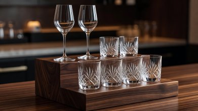 Close-up of stemmed Nick and Nora glasses elevated on a walnut block behind short cut-glass tumblers