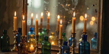 Shallow depth of field view of beeswax tapers in brass holders reflecting through coloured glass bottles against an antique mirror