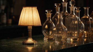 Close-up of a small brass table lamp with a warm parchment shade illuminating glass decanters on a dark green counter