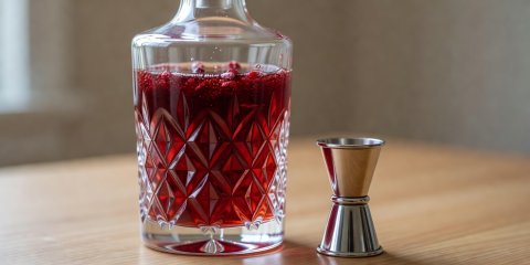 Close-up of a faceted glass decanter filled with deep ruby cranberry-juniper shrub beside a small measuring jigger